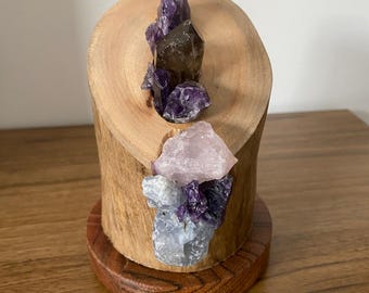 Glow -  Smoky quartz, amethyst and blue calcite Handmade Multi-Cluster Crystal Lamp