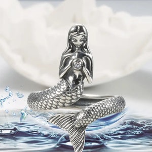 Mermaid Ring Glow in the Dark / Sterling Silver Ring / Wrap Mermaid / Ocean  Salor Jewelry / 