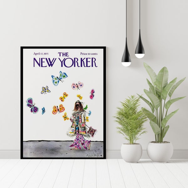 The New Yorker Magazine Cover “Hippie man surround by butterflies while walking” by Ronald Searle | April 17 1971| Instant Download