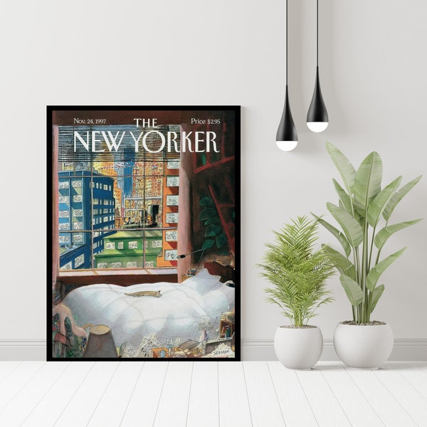 The New Yorker Magazine Cover “A Cat sleeping on Cozy bed by the window” by J. J. Sempé | November 24 1997  | Wall Art | Instant Download