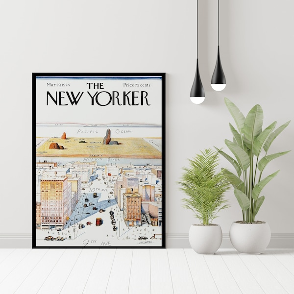 The New Yorker Magazine Cover “Eagle eye view from 9th Avenue to Asia” by Saul Steinberg. | March 29 1976 | Wall Art| Instant download