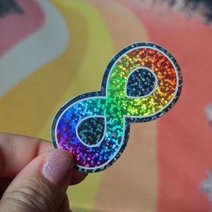 Super glitter regenboog oneindigheidssymbool sticker, sticker neurodiversiteit acceptatie, stickers oneindigheidssymbool,