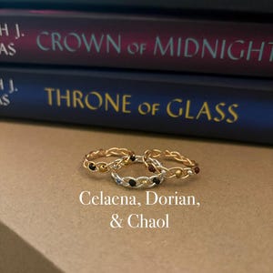 May include: Three wire-wrapped rings with small beads in gold, silver, and bronze tones. The rings are in front of three books with titles including "Crown of Midnight" and "Throne of Glass". The text "Celaena, Dorian, & Chaol" is below the rings.