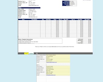 May include: Invoice template with fields for company and client details, item descriptions, and financial calculations. Includes sections for invoice number, date, due date, and terms. The document is on a light blue background.