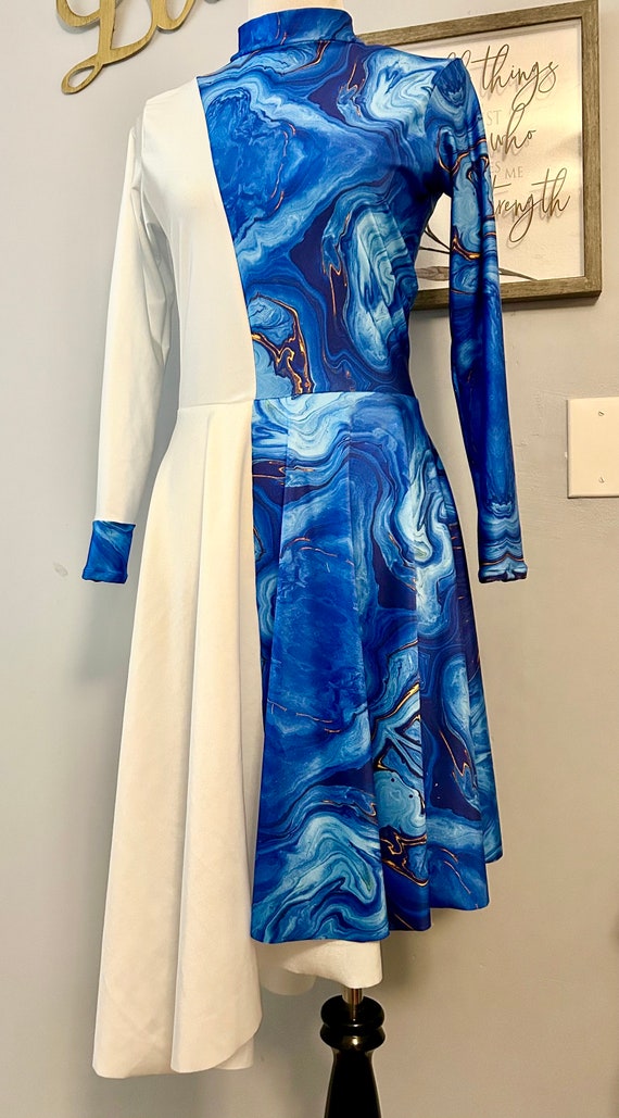 blue and gold praise dance dress RIVER of BLESSINGS 1 (w/gold) Worship Overlay / Prophetic / Efod De Danza “rios De Bendición” Chiffon dress