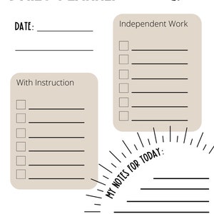 Puede incluir: Un planificador diario imprimible con secciones para trabajo independiente, trabajo con instrucciones y notas para el d&iacute;a. El planificador tiene un dise&ntilde;o simple con l&iacute;neas negras y un fondo marr&oacute;n claro.