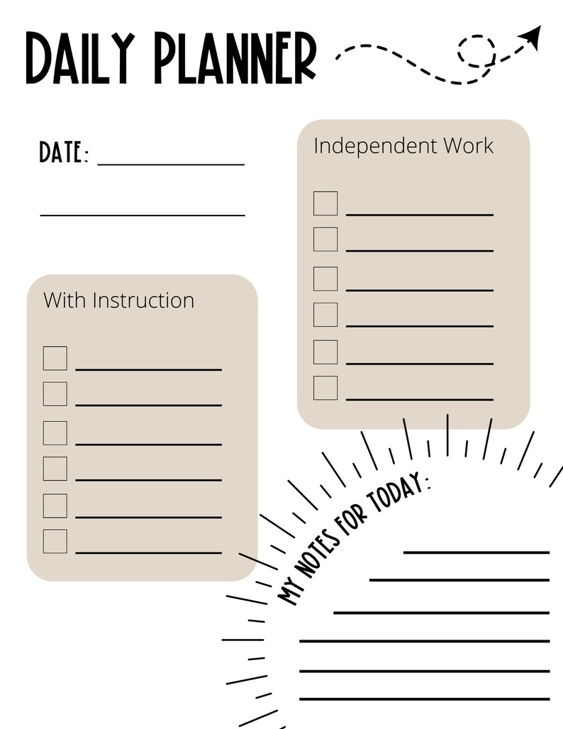 Puede incluir: Un planificador diario imprimible con secciones para trabajo independiente, trabajo con instrucciones y notas para el d&iacute;a. El planificador tiene un dise&ntilde;o simple con l&iacute;neas negras y un fondo marr&oacute;n claro.