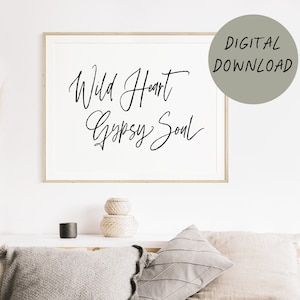 Wild Heart Gypsy Soul Printable Wall Art / decoración moderna de la pared boho, arte infantil boho occidental, cartel hippie, espíritu libre, decoración de la habitación de las niñas