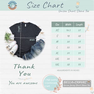 May include: Size chart for a unisex short sleeve tee, showing measurements in inches for width and length in sizes XS to 3XL. The chart is on a white background with floral accents.