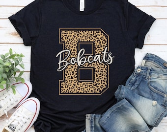 Leopard Print B Bobcats Youth Tee | Animal Print Letter School Spirit