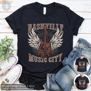 Nashville Music City T-Shirt: Vintage Guitar Wings Graphic Tee, Distressed Graphic, Unisex Shirt