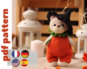 Motif ours au crochet. Modèle d'Halloween au crochet. Patron d'un ours amigurumi dans une tenue d'halloween en anglais, ES, FR, all