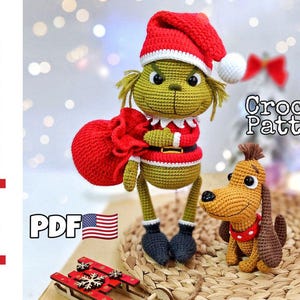 Häkelanleitung Weihnachten grüner Bösewicht und Hund, Amigurumi Grüner Bösewicht, Weihnachtsengel, Weihnachtsgrüner Bösewicht und Hund Häkelanleitung in ENG