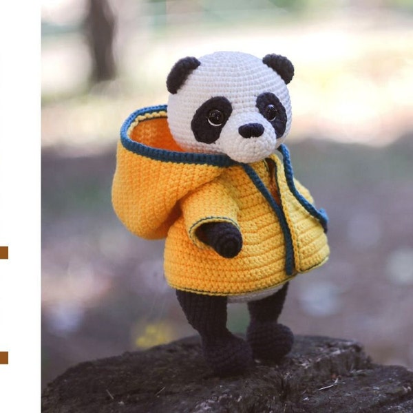 patrón de panda de ganchillo. patrón de oso panda amigurumi. lindo patrón de amigurumi de oso. lindo panda en impermeable. patrón de animales de ganchillo.