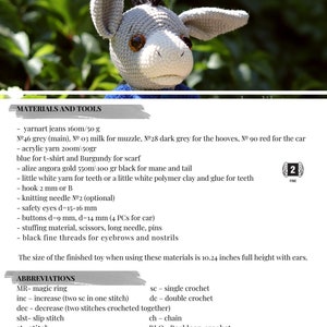 May include: Crochet pattern for a donkey amigurumi toy. The pattern includes materials and tools needed to create the toy, including yarn, crochet hook, safety eyes, and buttons. The finished toy is approximately 10.24 inches tall.