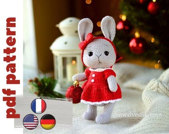 crochet bunny pattern in Eng/Ger/Fr. cute christmas bunny amigurumi tutorial. crochet hare pattern. Christmas gift idea. cute bunny in dress