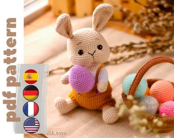crochet bunny pattern in eng/sp/fr/ger. cute crochet easter bunny with easter basket. DIY easter decor/ crochet hare pattern.