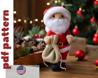 Patron du père noël au crochet en anglais. Modèle de poupée de Noël amigurumi. Modèle de décoration de Noël au crochet DIY. Modèle de poupée au crochet.