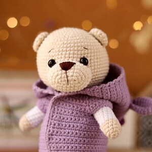 May include: A crocheted teddy bear wearing a purple hooded jacket. The bear has brown eyes and a brown nose.