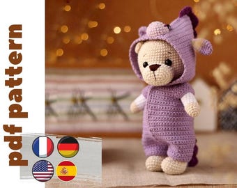 Crochet bear pattern. amigurumi animal pattern. Amigurumi bear pattern. Amigurumi bear with clothes pattern. PDF in Eng, German, Spanish, Fr
