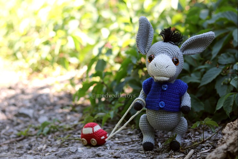 May include: A gray crocheted donkey toy wearing a blue crocheted vest with buttons, pulling a red toy car on a string. The donkey has brown eyes and a black mane. The toy is on a path with green foliage in the background.