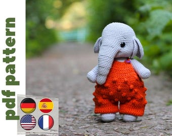 Crochet Elephant pattern PDF in Eng/Ger/FR/Sp. amigurumi elephant in jumpsuit