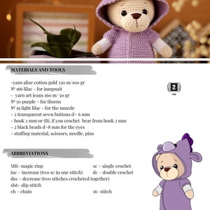 May include: A crochet pattern for a purple unicorn teddy bear with a detailed list of materials and tools needed for the project. The pattern includes abbreviations for crochet stitches.