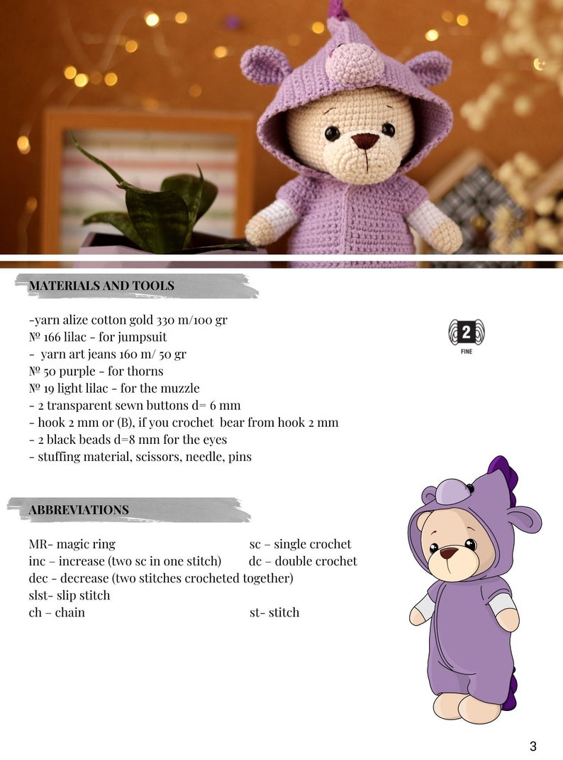 May include: A crochet pattern for a purple unicorn teddy bear with a detailed list of materials and tools needed for the project. The pattern includes abbreviations for crochet stitches.