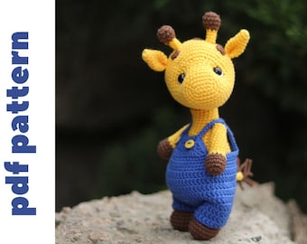Crochet giraffe pattern in English. cute amigurumi giraffe in jumpsuit pdf