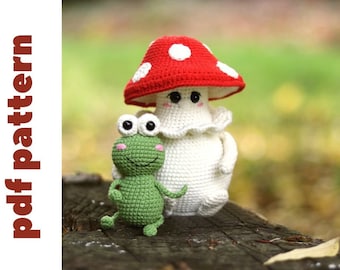 Crochet mushroom pattern. Crochet frog pattern. Cute mushroom amigurumi pattern with little crochet frog
