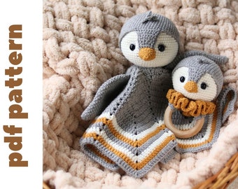 crochet penguin pattern. Cute penguin lovey blanket. The playful security blanket. crochet rattle pattern. DIY gift for a baby shower.