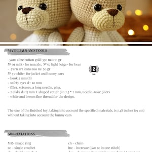 May include: Two crocheted teddy bears, one beige and one white, with black eyes and brown noses. The bears are 7.48 inches (19 cm) tall. The image includes a list of materials and tools needed to crochet the bears, as well as a list of abbreviations for crochet stitches.