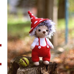 Crochet hedgehog pattern. crochet animals pattern.  amigurumi hedgehog pattern. crochet forest animals. cute hedgehog in mushroom hat