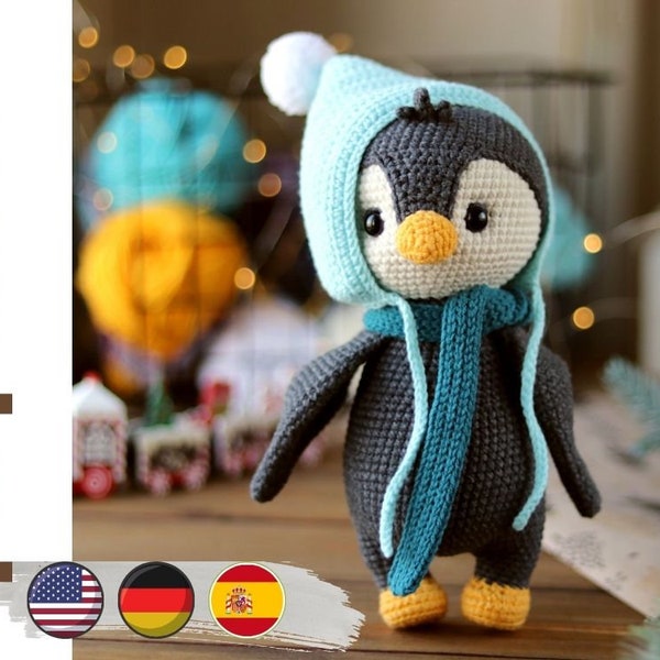 Häkelanleitung für einen Pinguin. Amigurumi-Pinguin-Muster. Häkelmuster mit Tieren. Häkelmuster für Weihnachten. PDF in Englisch, Deutsch, Spanisch