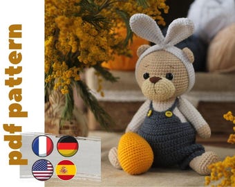 Crochet bear pattern in Eng/Es/Ger/Fr. easter crochet pattern. cute crochet bear with clothes. DIY gift for kids.