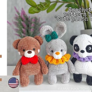 Crochet Pattern Set 3in1: Little Bear, Panda, Rabbit, English Crochet Pattern, Cute Plush Toys