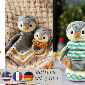 Patrón de pingüino de crochet en inglés, francés y alemán. Crochet para bebé. Regalo DIY para baby shower. Patrón de manta de peluche, sonajero y juguete apilado de crochet.