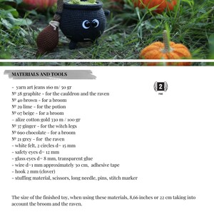 May include: A crocheted Halloween cauldron with a green potion inside, a brown broom, and a black and orange raven. The cauldron has white safety eyes and a black mouth. The cauldron is sitting on a bed of green grass with two orange pumpkins.