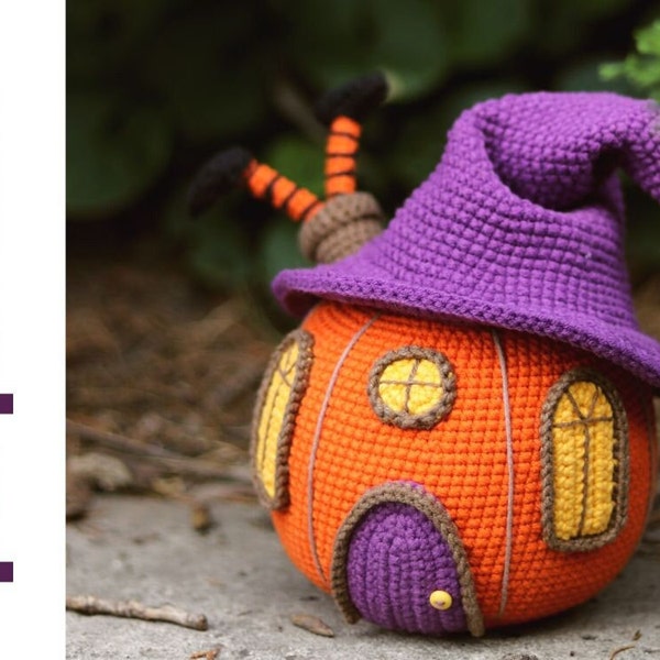 gehäkeltem Kürbismuster. Amigurumi Kürbis Muster. gehäkeltes Kürbis Haus. Halloween Häkelanleitung. gehäkelte Halloweendeko