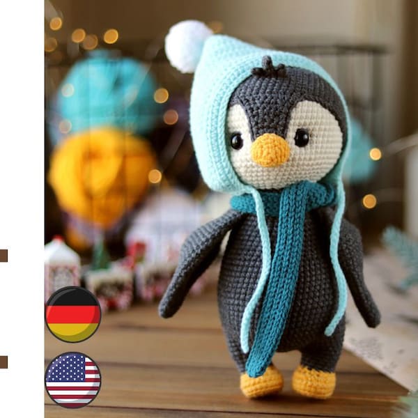 Gehäkeltes Pinguinmuster. Amigurumi Pinguin Schnittmuster. Gehäkelte Tiere mit Anleitung. Amigurumi Tiere. Weihnachtliche Häkelanleitung. Englisch, Deutsch