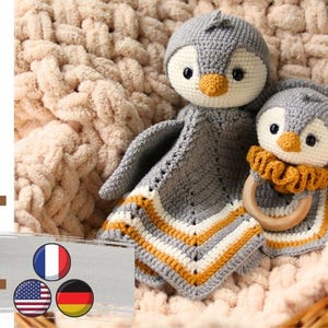 Patrón de pingüino de crochet. Manta de pingüino. La divertida manta de seguridad. Patrón de sonajero de crochet. Regalo DIY para un baby shower.