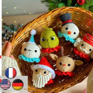 crochet christmas ornaments pattern. Crochet christmas tree toy set 6 in 1: Santa, snowman, nutcracker, reindeer, bear pattern PDF