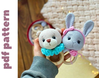 crochet rattle pattern 2 in 1. amigurumi bear. crochet hare pattern. bunny rattle. DIY newborn gift. baby shower gift