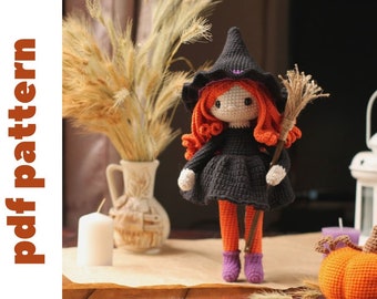 Crochet Halloween pattern. amigurumi doll pattern. crochet doll pattern. Crochet witch pattern. Amigurumi  pattern.