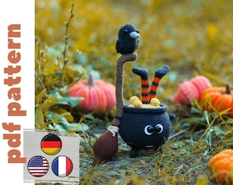 modèle halloween au crochet anglais/allemand/fr. Joli modèle de chaudron au crochet. Décorations d'Halloween DIY. motif corbeau au crochet. amigurumi halloween