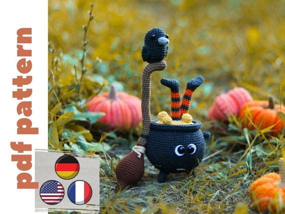 crochet halloween pattern Eng/Ger/Fr. cute crochet cauldron pattern. DIY halloween decorations. crochet raven pattern. amigurumi halloween