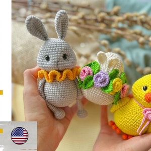 crochet easter pattern set 3 in 1 pdf in ENG. crochet easter rabbit, easter chick, easter egg pattern. amigurumi crochet easter decorations.