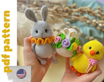 crochet easter pattern set 3 in 1 pdf in ENG. crochet easter rabbit, easter chick, easter egg pattern. amigurumi crochet easter decorations.