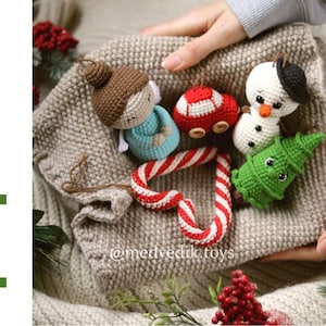 crochet christmas ornaments pattern. amigurumi Christmas tree decorations. cute crochet angel, snowman, car, candy, xmas tree.