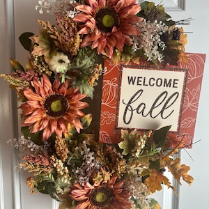 Corona de otoño, corona de otoño, corona de girasol oxidado, corona para la puerta de entrada, corona para el porche, corona de granja, decoración de girasoles, decoración de otoño